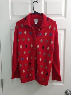 Vintage Koret City Blues Cardigan Womens Red Solitaire Hearts & Diamonds Sweater